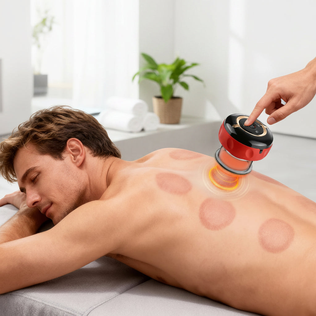 Person using a cupping device on their back with text about one-button pressure release.
