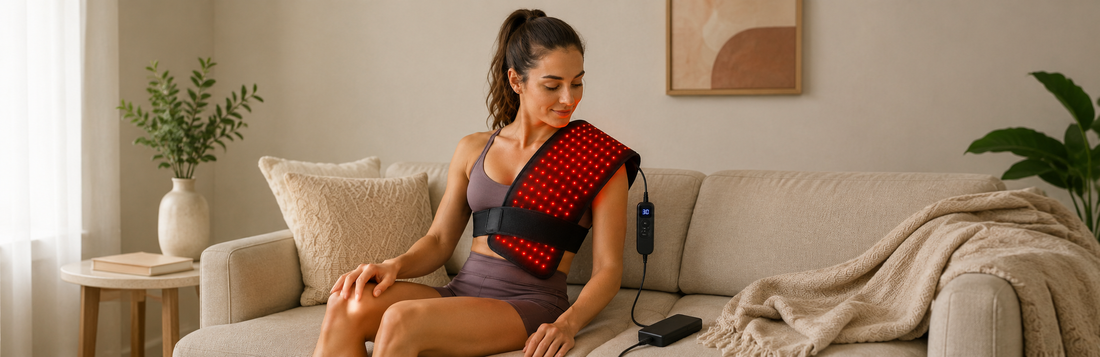 woman using a red light therapy on her sholder, seating on the sofa in a house setup 