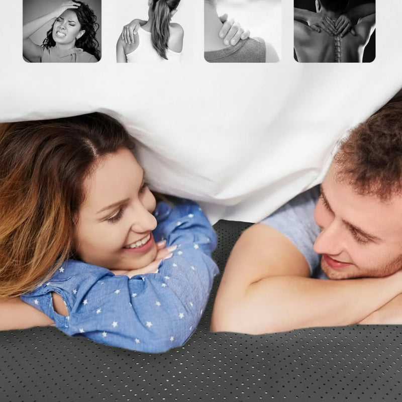 Couple lying on a gorunding sheet with text indicating the benefits of grounding sheet, such as headachas, shoulder stress, neck pain, cervical strain
