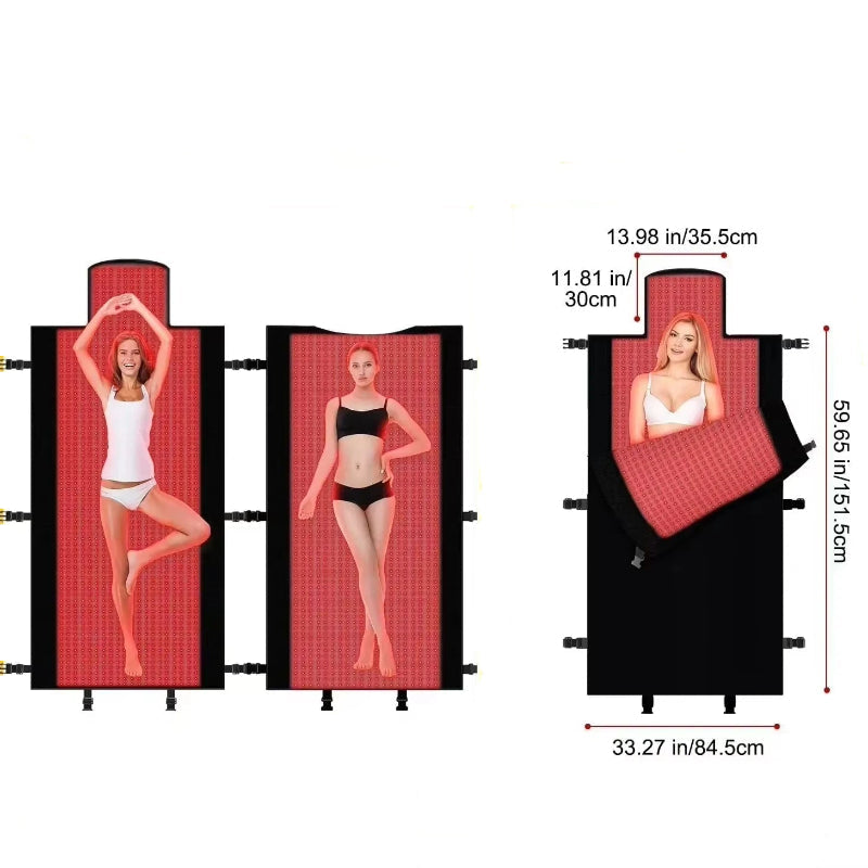 Dual-use red light therapy device with dimensions and usage options. Option for 2 people and another option for 1 people