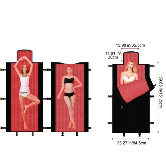 Dual-use red light therapy device with dimensions and usage options. Option for 2 people and another option for 1 people