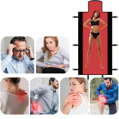 Product advertisement showing people experiencing discomfort and a person using a red light therapy device.