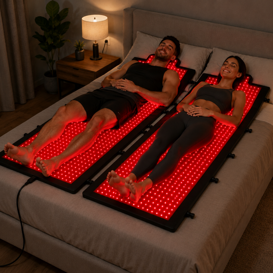 Two people lying on the full body infrared therapy mat in a bedroom setting.