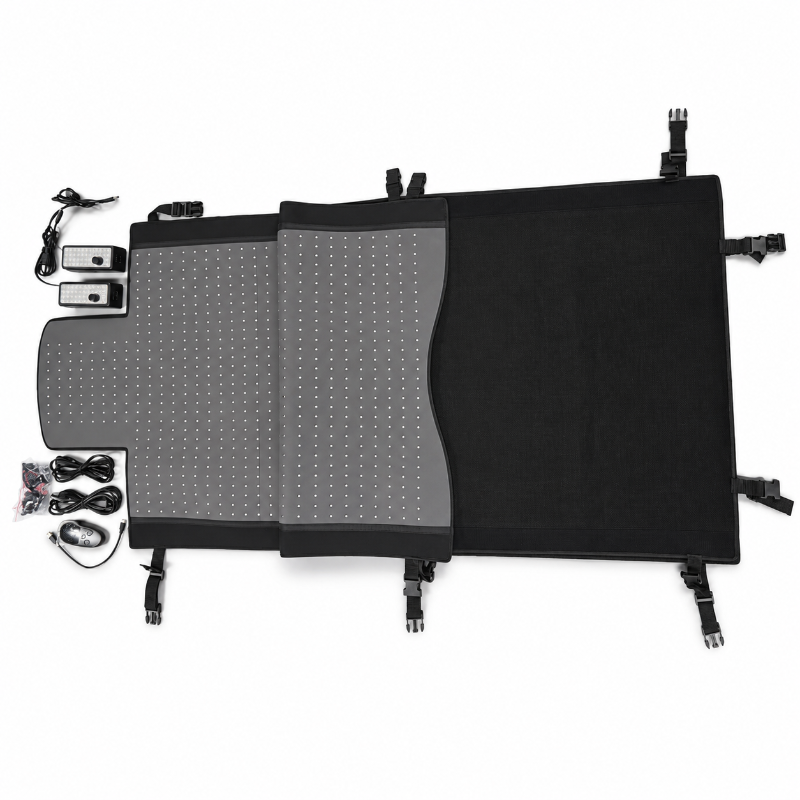 Infrared therapy mat on a white background and accessories included - cables, connector