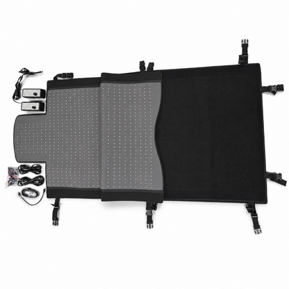 Infrared therapy mat on a white background and accessories included - cables, connector