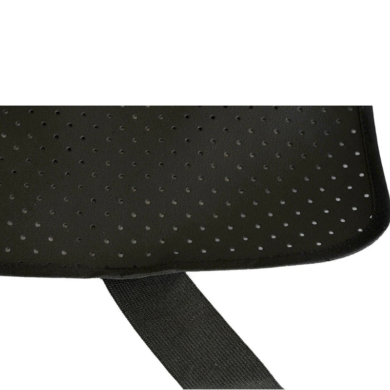 Close-up of the PU leather grounding sheet black perforated fabric and the elastic in a white background