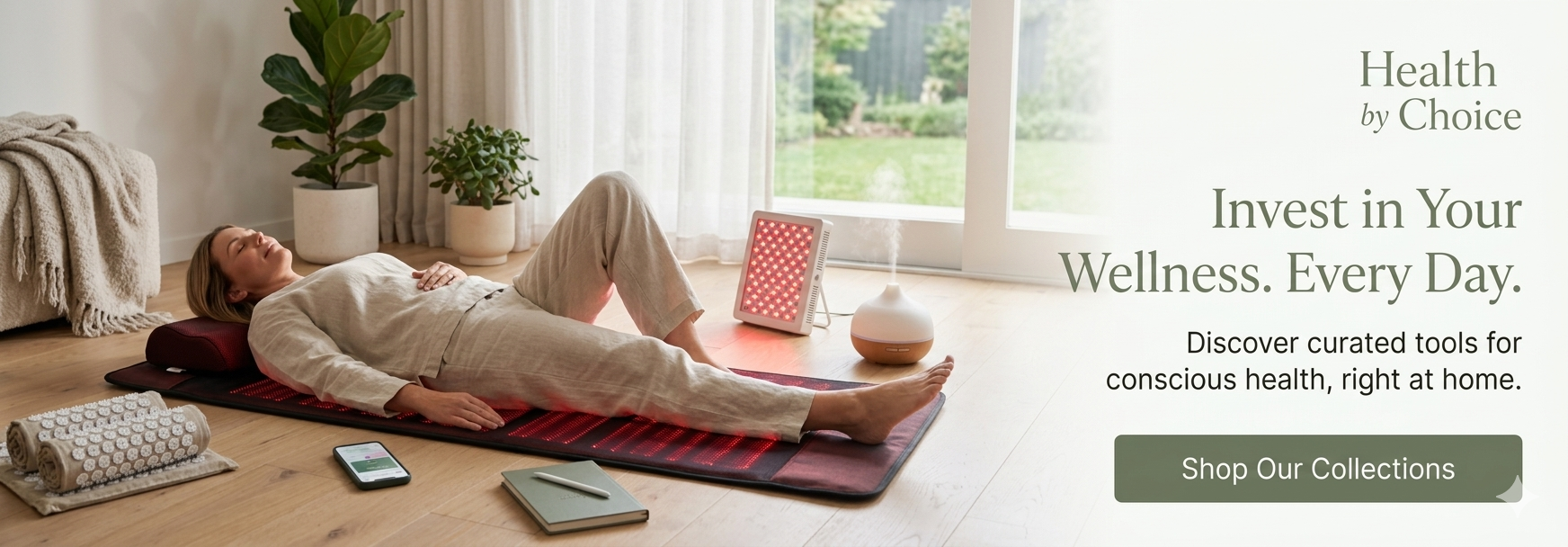 Person lying on a mat with wellness tools in a home setting, promoting 'Health by Choice' brand.
