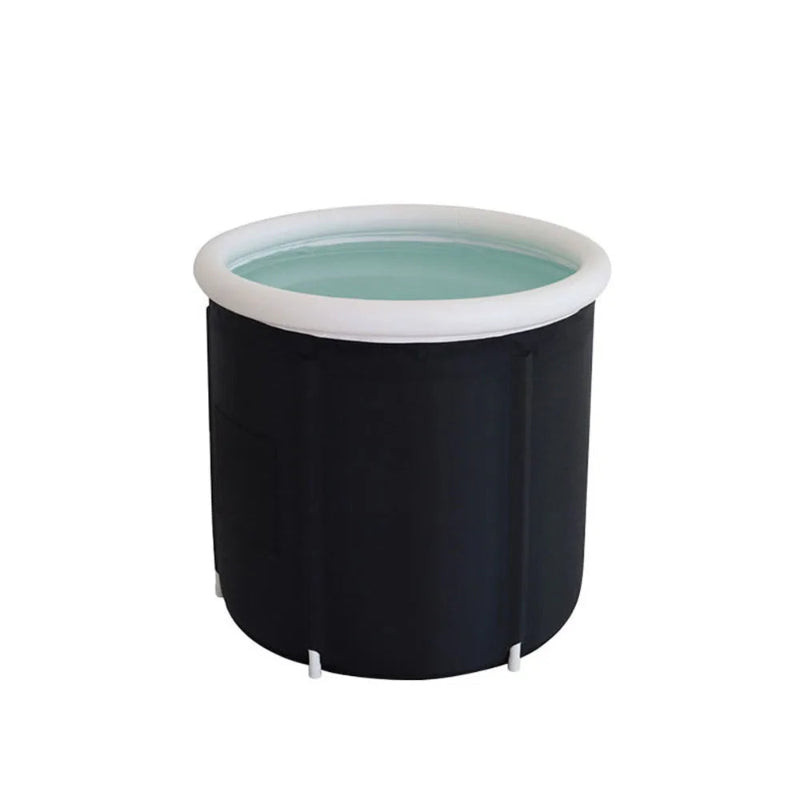 Black inflatable pool with white rim on a white background