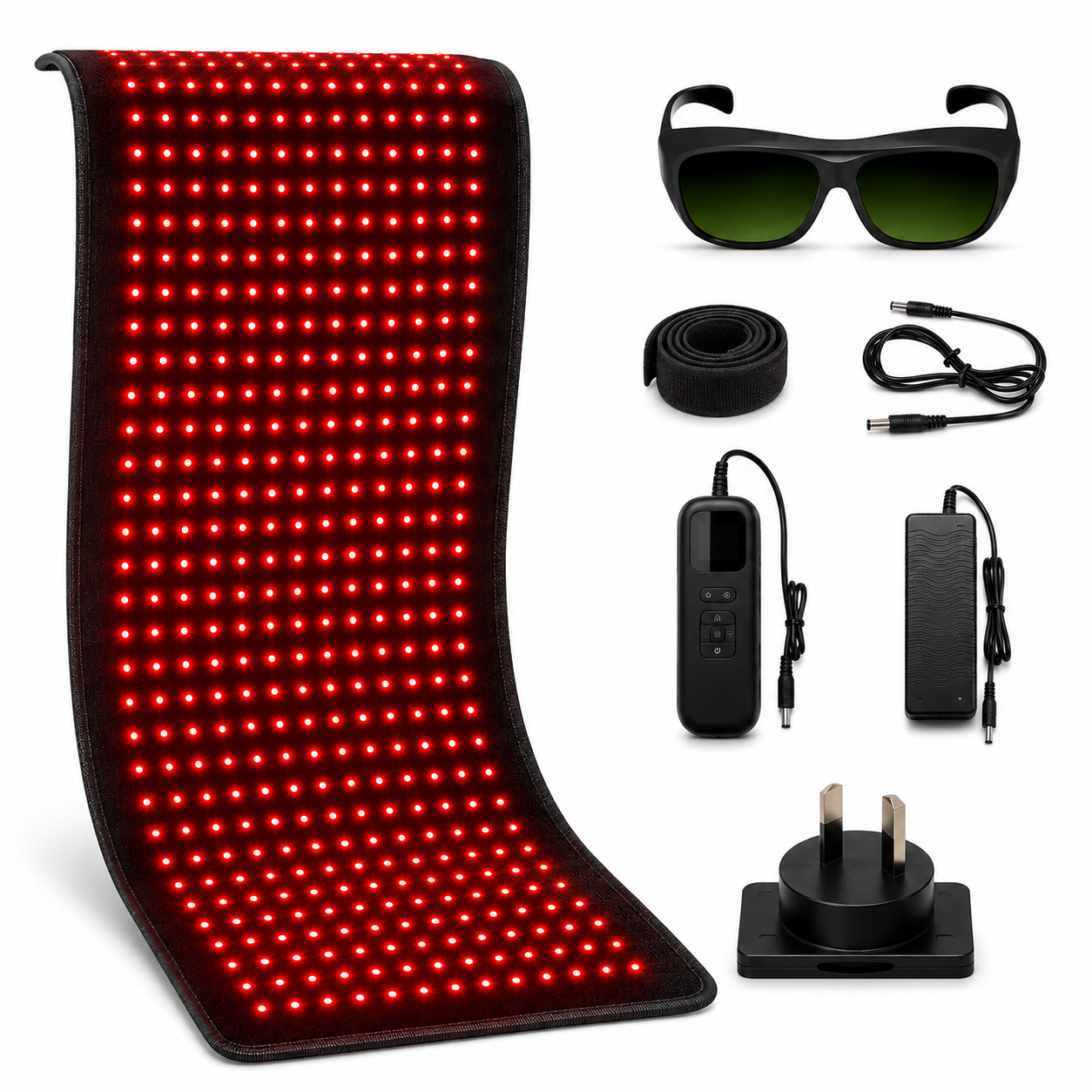 Red light therapy panel kit with a large curved panel covered in glowing red LEDs, shown with black protective glasses, a remote control, a power adapter, and a coiled strap on a white background.