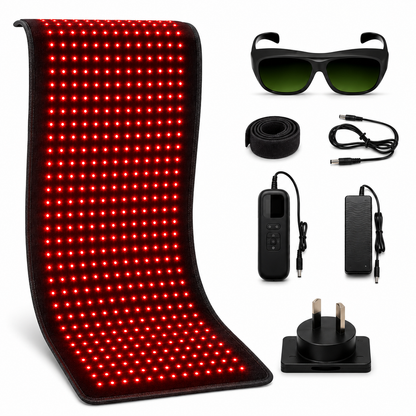 Red light therapy panel kit with a large curved panel covered in glowing red LEDs, shown with black protective glasses, a remote control, a power adapter, and a coiled strap on a white background.