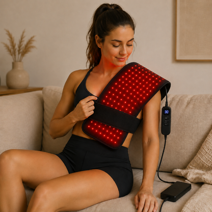 Woman using a red light therapy device with an elastic on her shoulder at home.