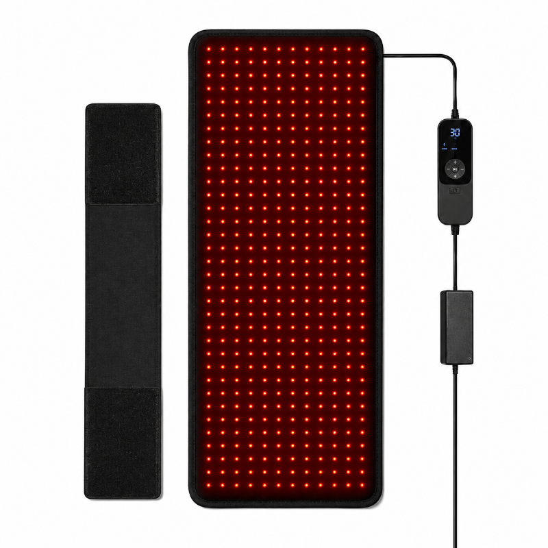 Red LED mat with control unit and elastic on a white background