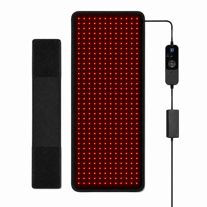 Red LED mat with control unit and elastic on a white background