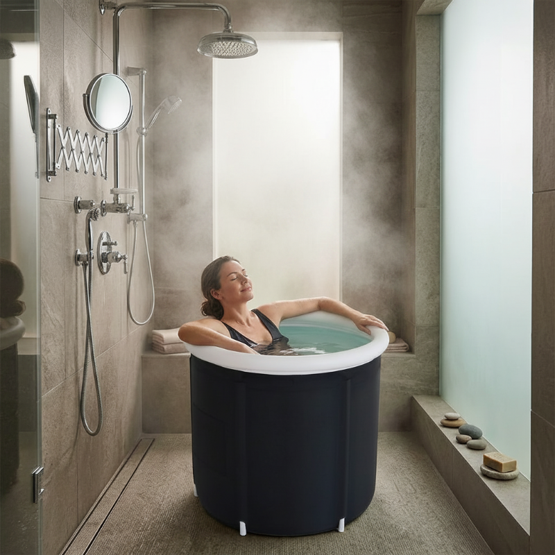 Woman relaxing in a portable bathtub in a modern bathroom.