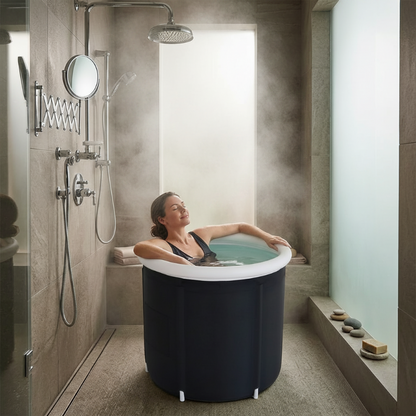 Woman relaxing in a portable bathtub in a modern bathroom.