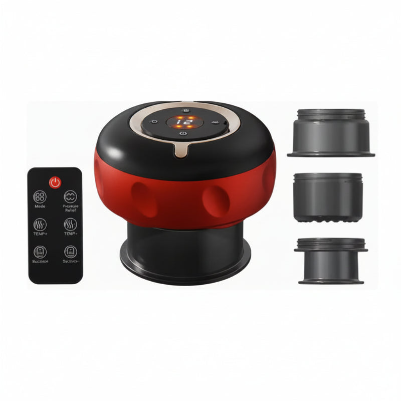 A red and black portable cupping device with a digital display on top, shown alongside a black remote control and three interchangeable black heads on a white background.