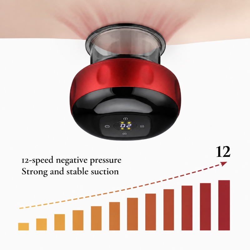 A red and black suction device shown against a white background with a suction graph and text reading '12-speed negative pressure Strong and stable suction' and '12'.