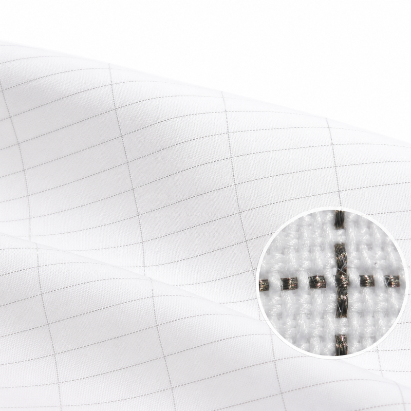 White grid-patterned fabric with a circular inset showing a close-up of the silver in the grounding sheet