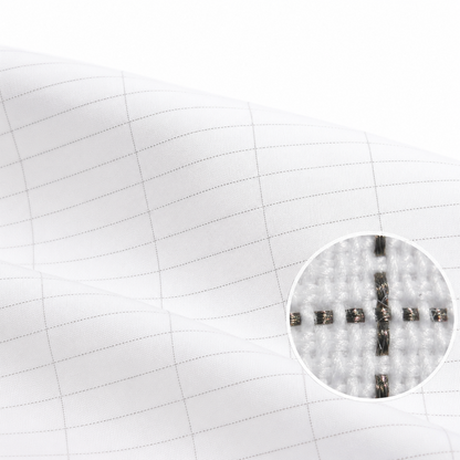 White grid-patterned fabric with a circular inset showing a close-up of the silver in the grounding sheet