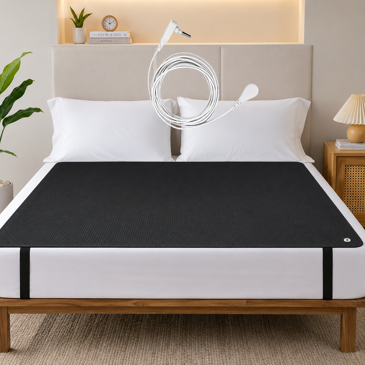 grounding sheet and white cable on a bed in a bedroom setting