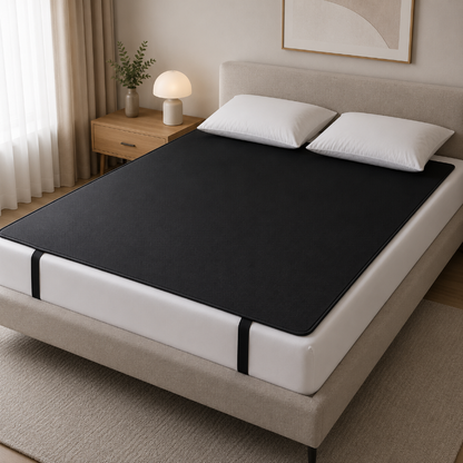 A grounding sheet set on a white mattress, shown on a bed in a modern, neutral-toned bedroom with a bedside table, lamp, and curtains.