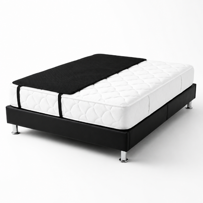 A modern bed frame with a black upholstered base and silver metal legs, shown with a white quilted mattress and a grounding sheet a clean white background.