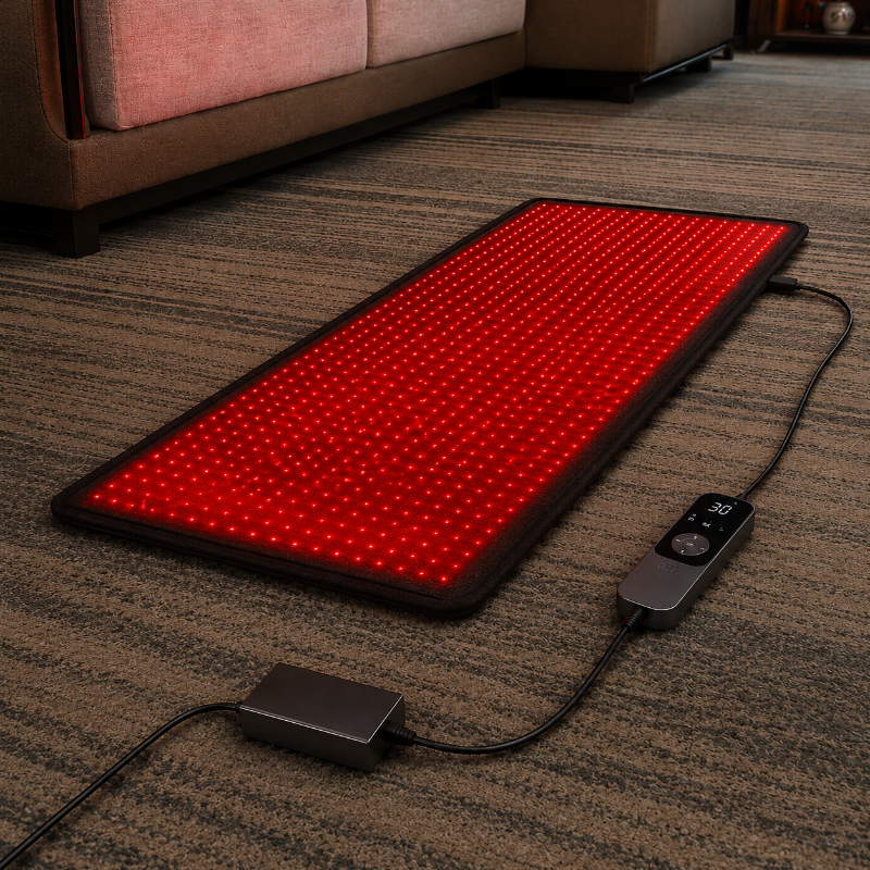 A rectangular red LED light therapy mat on a carpeted floor in a living room, with its power cable and remote control visible.