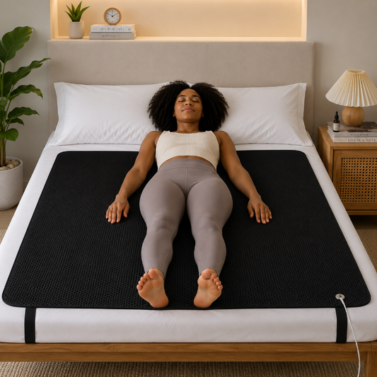 Woman lying on a black grounding sheet pad on a bed in a bedroom setting.