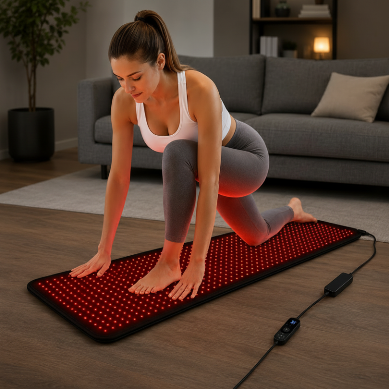 A woman kneels on a red LED light therapy mat in a living room setting. The mat has a black border and a power controller connected by a cable.